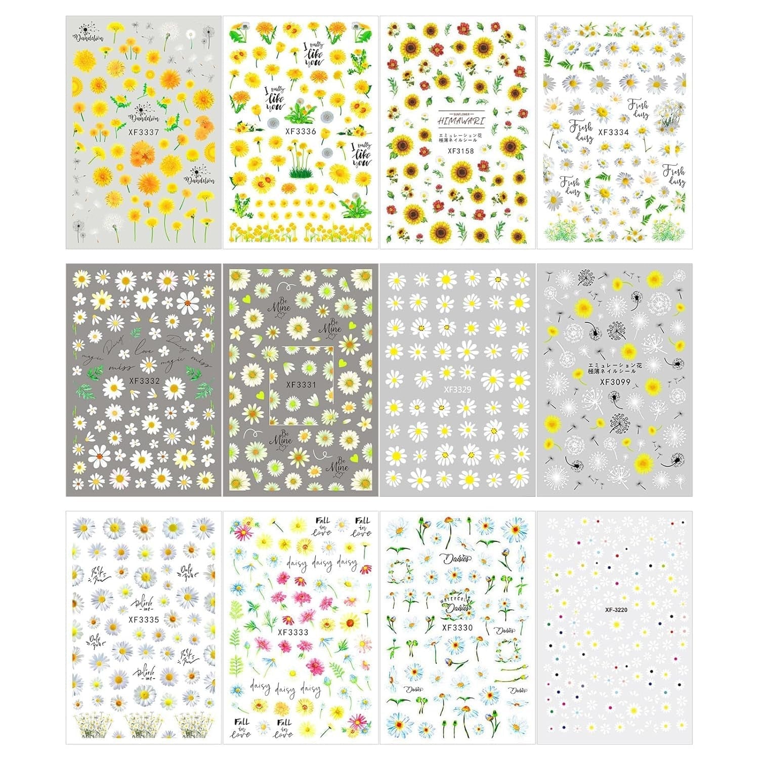 12 foi autoadezive pentru unghii cu efect 3D, întărire UV pentru autocolante de unghii cu flori de lungă durată, autocolante pentru unghii cu margarete galbene și albe