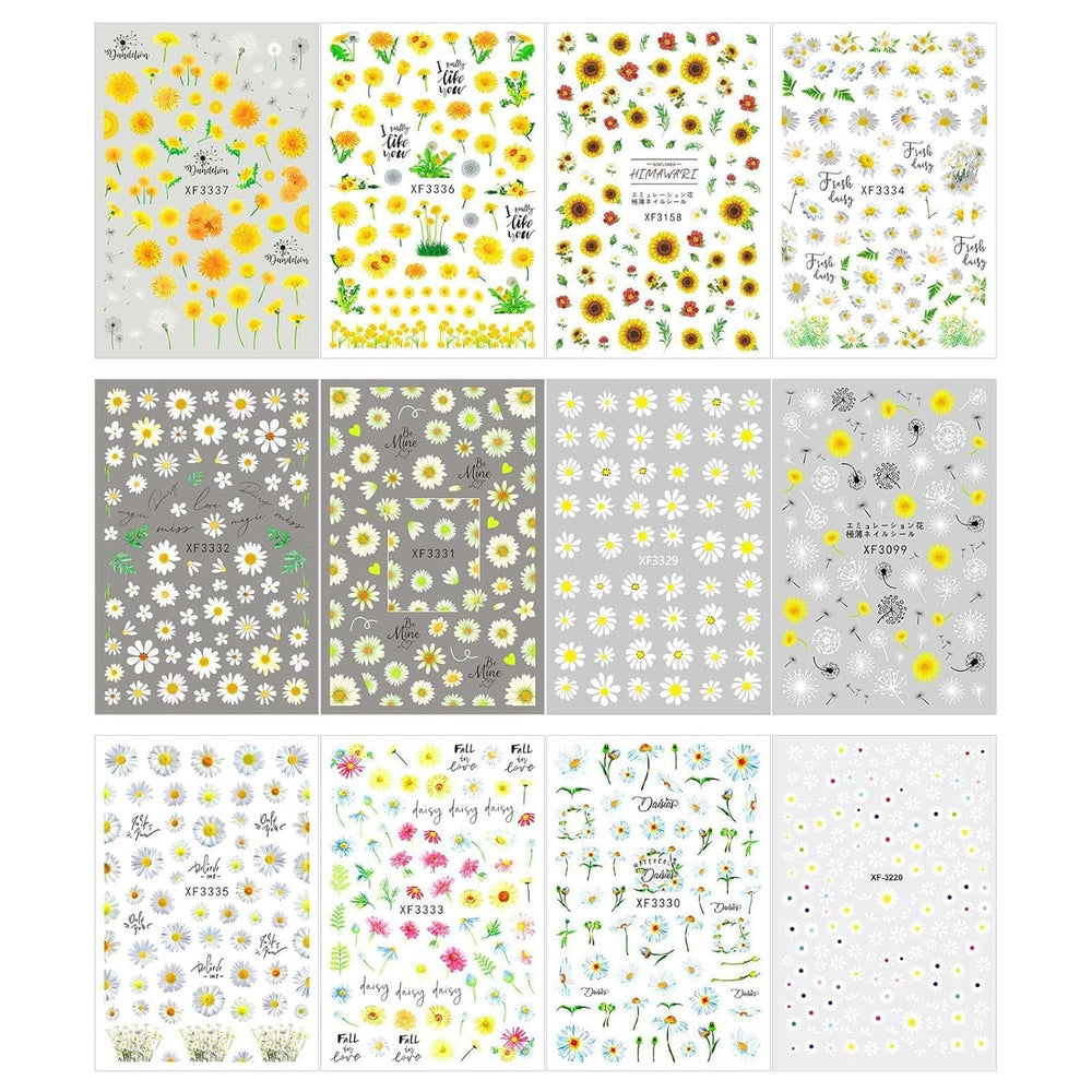 12 foi autoadezive pentru unghii cu efect 3D, întărire UV pentru autocolante de unghii cu flori de lungă durată, autocolante pentru unghii cu margarete galbene și albe