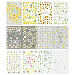 12 foi autoadezive pentru unghii cu efect 3D, întărire UV pentru autocolante de unghii cu flori de lungă durată, autocolante pentru unghii cu margarete galbene și albe