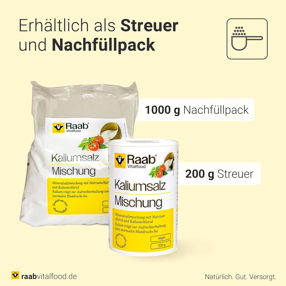 Raab Vitalfood Mélange de sel de potassium, mélange de sel minéral avec 66,7 % de chlorure de sodium (eau de Cologne) et 33 % de chlorure de potassium, le potassium est destiné à l'alimentation en eau normale d'un liquide à base de sel (dose de 1 x 200 g)