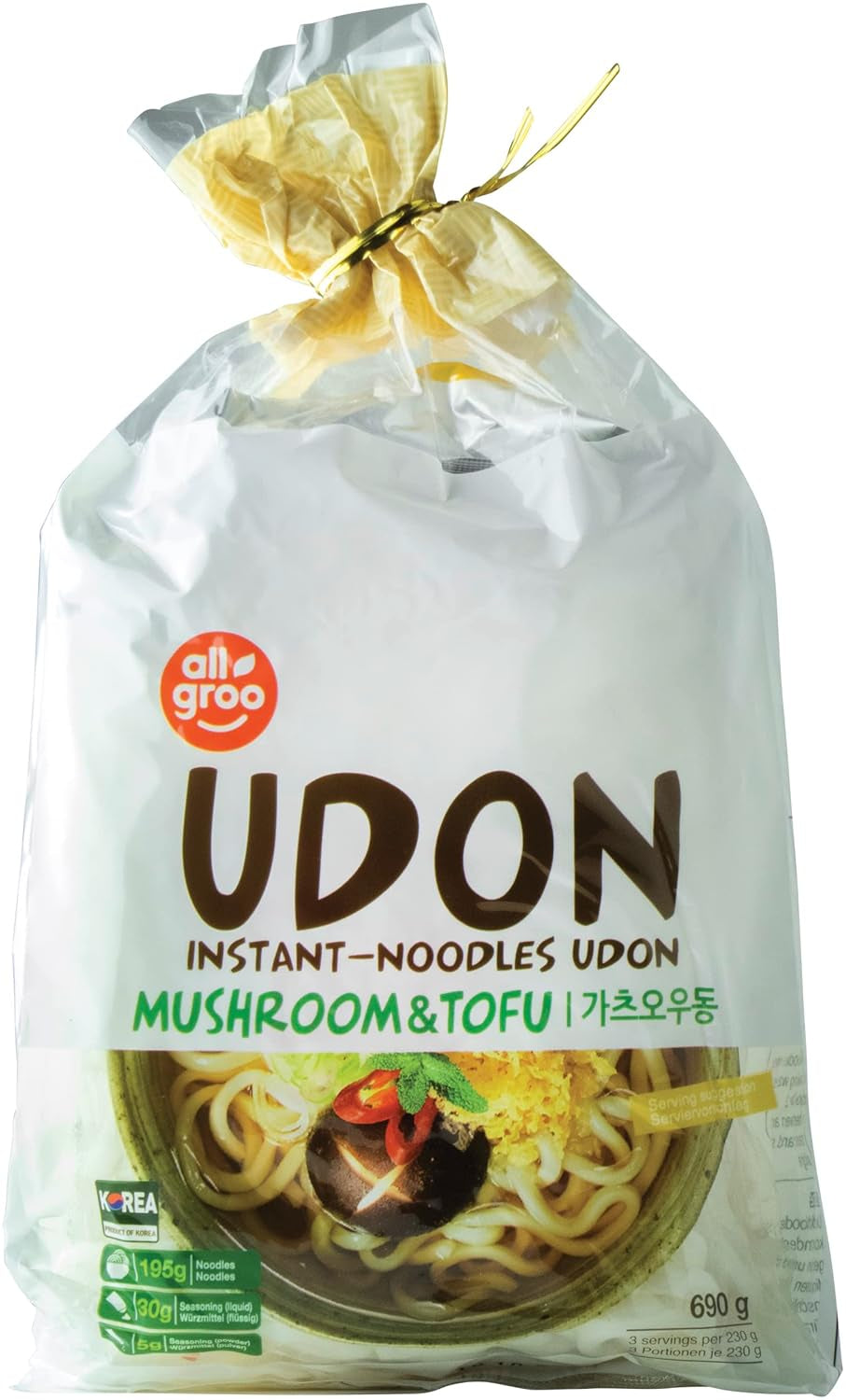 Allgroo Udon Instant Noodles - Soupe Udon épicée, préparation rapide - Contient 3 portions - 1 x 690g