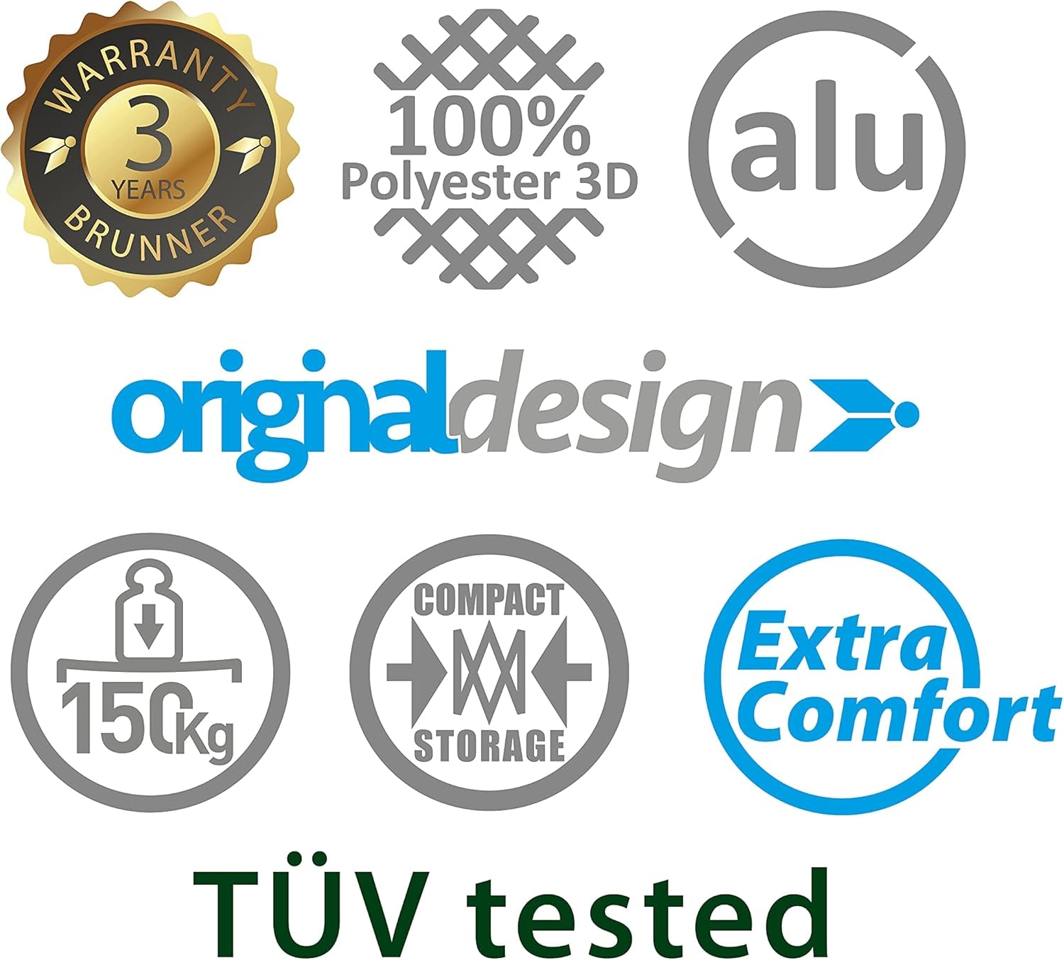 BRUNNER Rebel PRO (S-M-L) Chaise pliante pour camping, jardin, terrasse En aluminium, réglable sur 5 positions, capacité de charge jusqu'à 150 kg, dossier haut, noir ou bleu Coussins de voyage Naty Shop