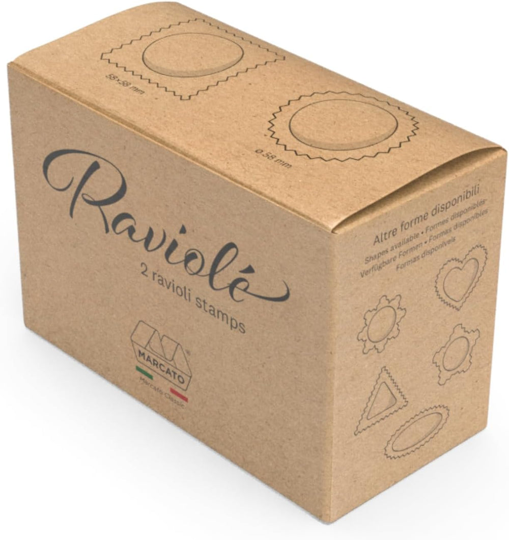 Ensemble de boîtes à raviolis et biscuits Marcato, machine à raviolis, boîte à biscuits, bois massif et fonte, fabriqué en Italie, relief rond 58 mm + relief carré 58 mm. Modèle : Raviolis