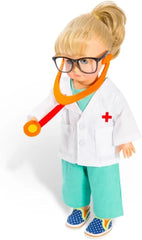 Heless 1653 - Ensemble de vêtements de poupée, costume de médecin 4 pièces avec pantalon, chemise, blouse de médecin et stéthoscope, taille 28 - 35 cm