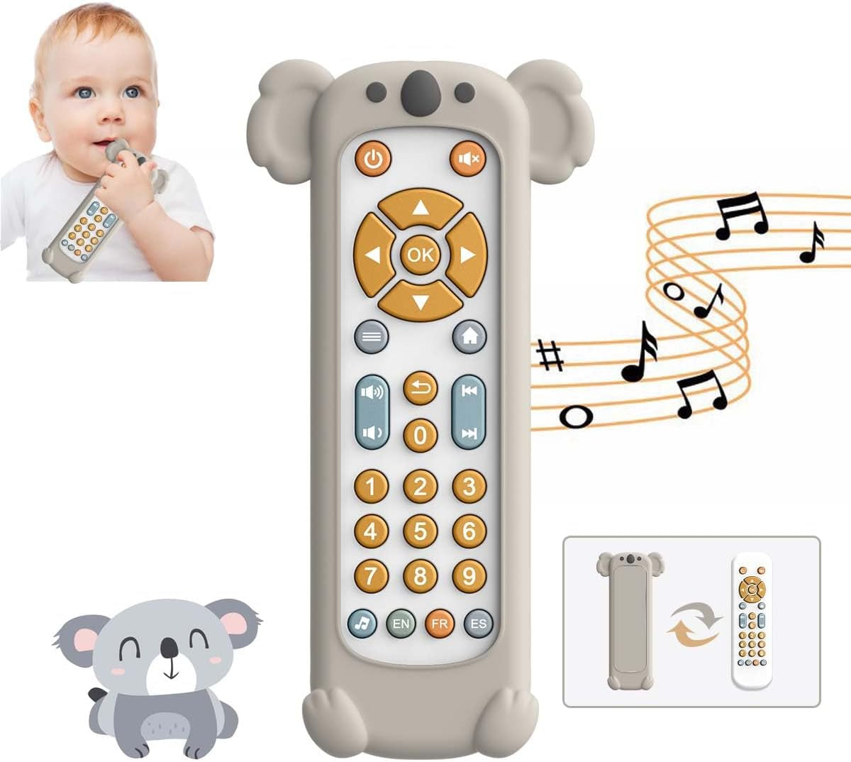 Jouet télécommandé pour bébé avec lumière et musique, anneau de dentition en silicone souple, joli tapis d'éveil, jeu musical télécommandé réaliste en 3 langues, jouet éducatif précoce à partir de 6 mois