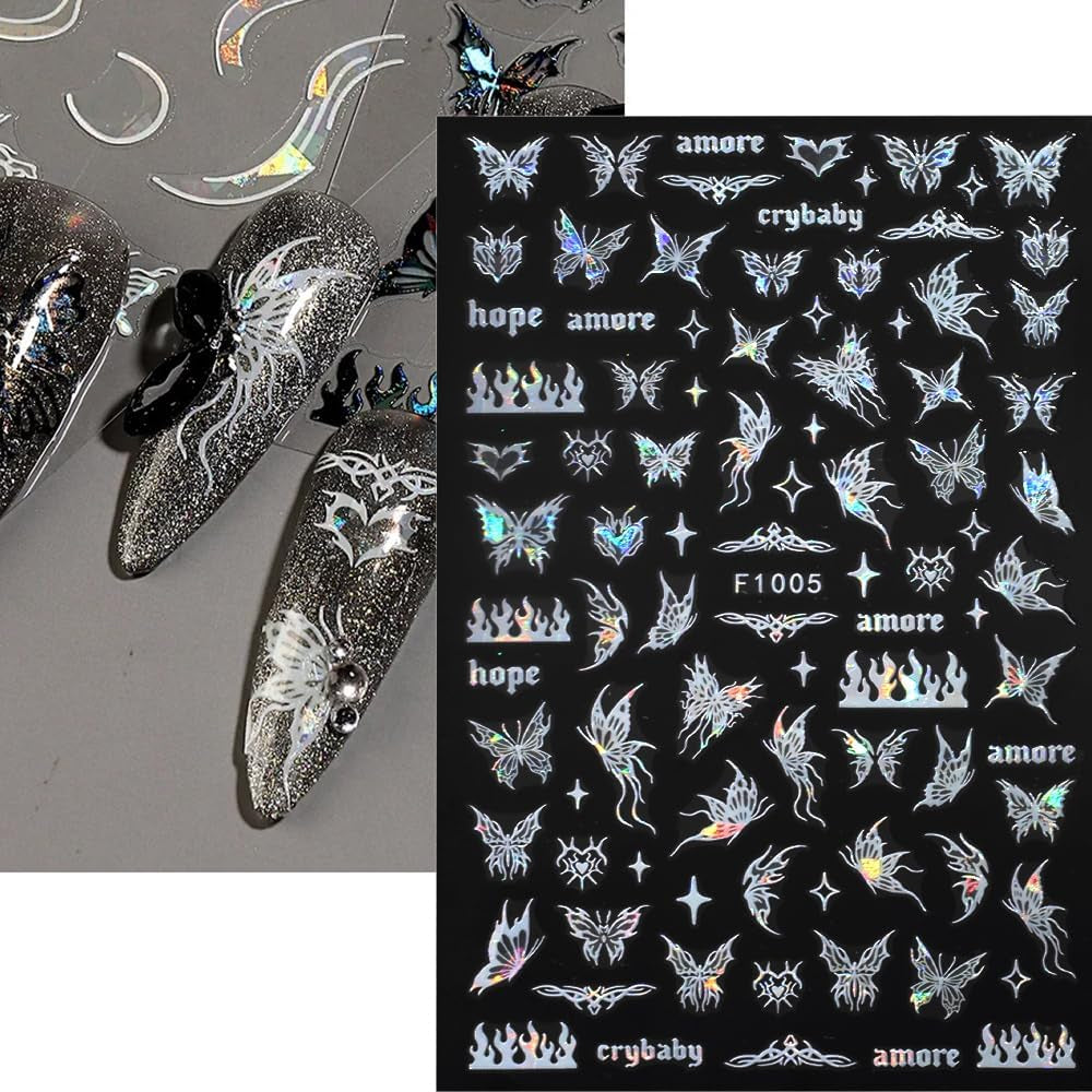 4 Blätter Holographisch Laser Weiß Schmetterling Nagelsticker,Y2K Aurora Schmetterlinge Stern Nail Sticker 3D Flamme Herz Nageldesign Nagelsticker Selbstklebend Nagel Sticker Nagel Zubehör Nail Art