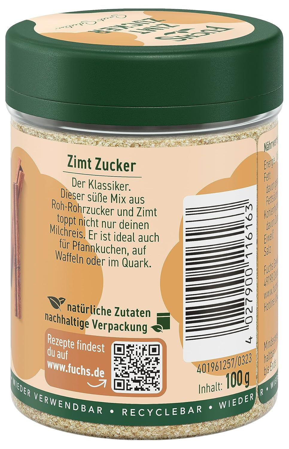 Fuchs Gewürze - Zimt Zucker - Klassisches Gewürz für Milchreis, Pfannkuchen oder Wafeln - aus natürliche Ingredient - 100 g in wiederverwendbarer, recyclebarer Dose