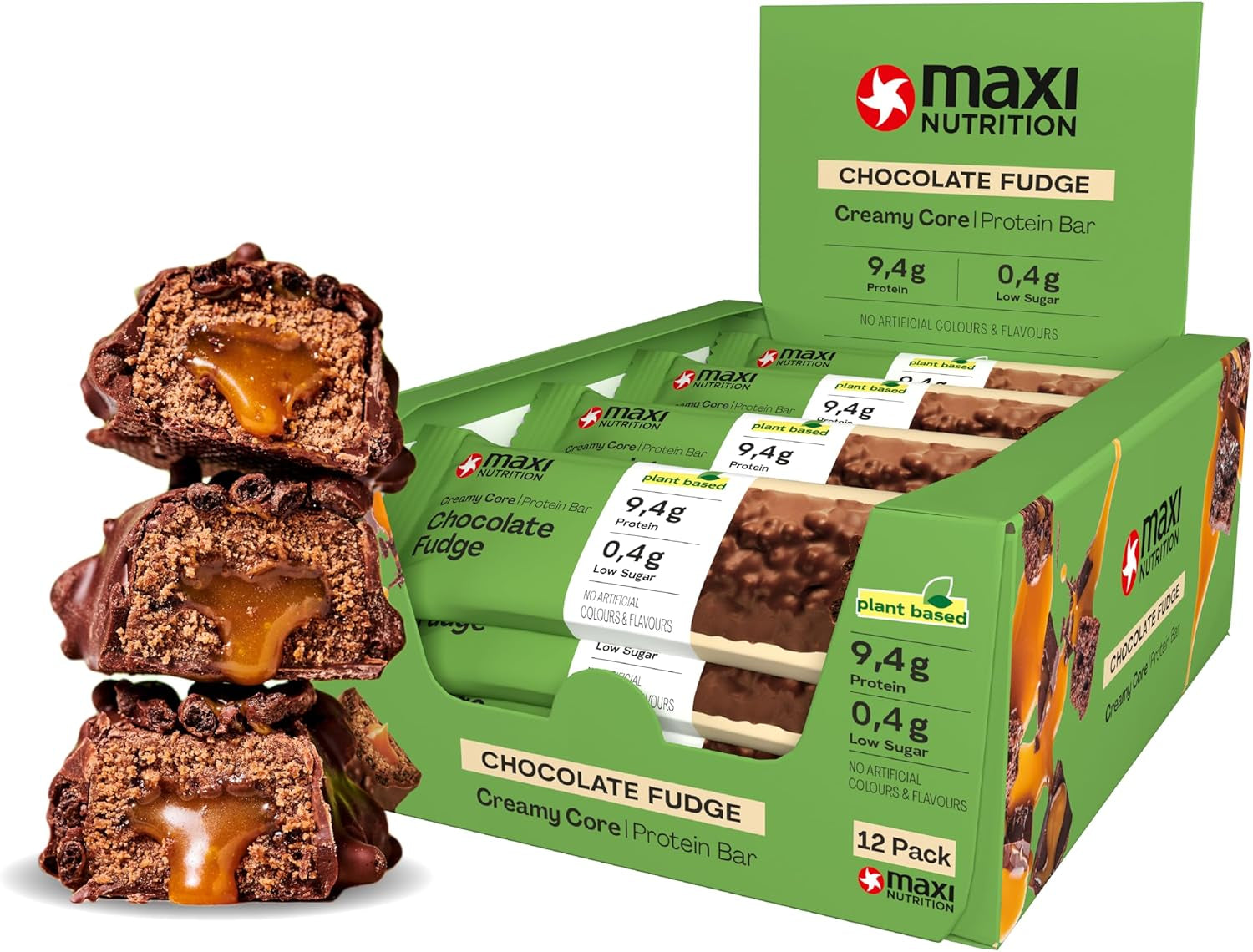 MaxiNutrition Barre protéinée végétalienne crémeuse au chocolat, cacahuètes et caramel 12x45g - barre protéinée végétalienne, 18% de protéines, 8,3 g par barre, faible teneur en sucre (0,9 g), sans sucre ajouté, sans arômes artificiels