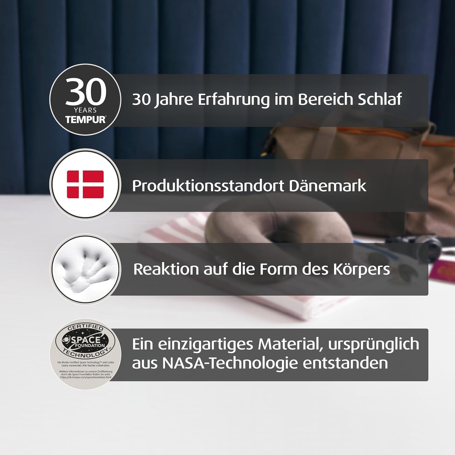 Pernă de călătorie TEMPUR Transit, material confortabil pentru perna de gât, vâscoelastică, ideală pentru călătorii cu autobuzul, trenul, mașina sau avionul, 30 x 28 x 8 cm