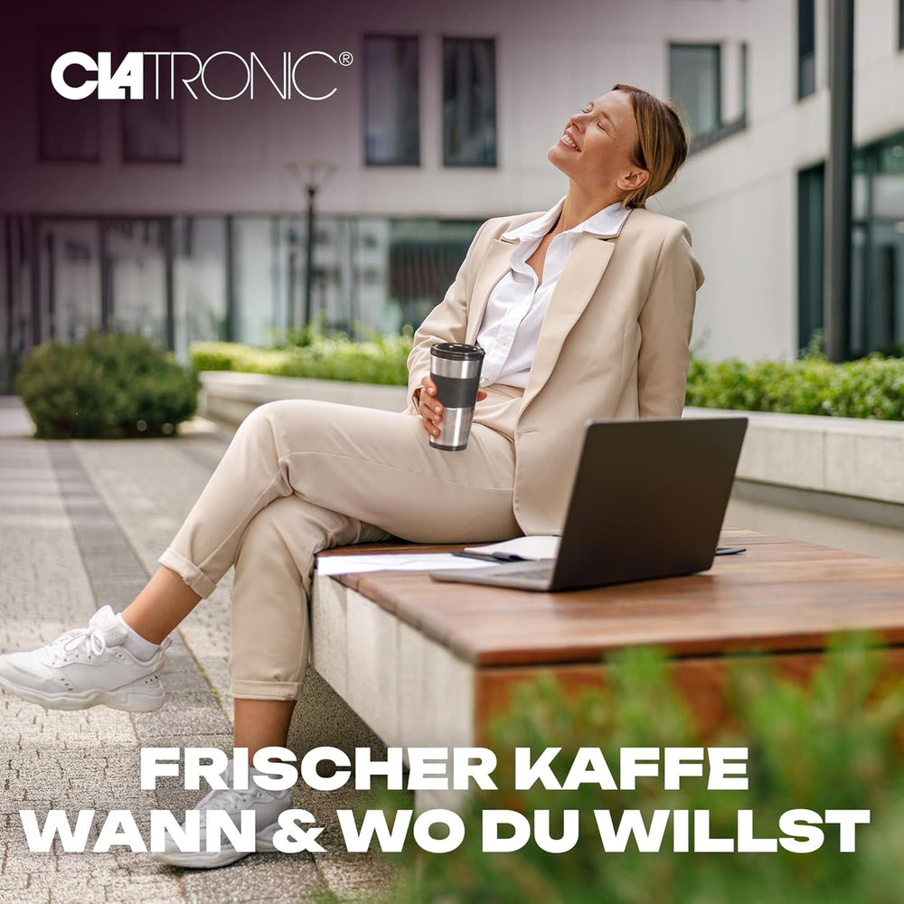 Machine à expresso Clatronique | Tasse de voyage 400 ml | Compatible avec tous les porte-gobelets standards (par exemple pour voiture) | Machine à expresso avec filtre | Filtre permanent en nylon | Mug en acier inoxydable avec couvercle aromatique | CA 3733