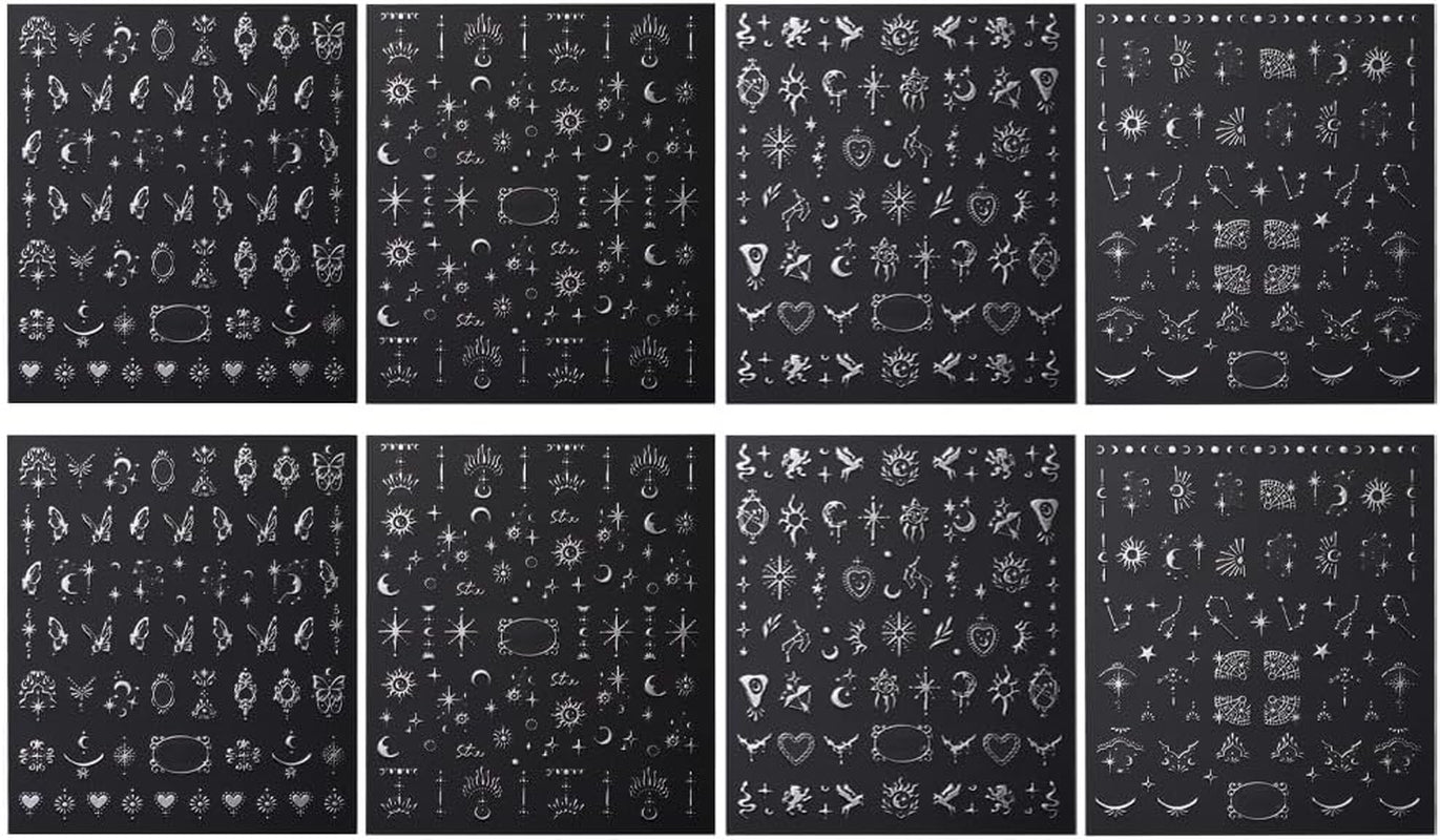 Autocollants d'ongles métalliques argentés 3D, autocollants d'ongles pour femmes, étoile, lune, soleil, feuille d'ongles, autocollants auto-adhésifs, autocollants d'ongles papillon, autocollants d'ongles, accessoires de conception d'ongles, 8 pièces