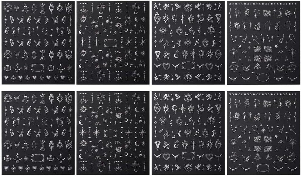 Autocollants d'ongles métalliques argentés 3D, autocollants d'ongles pour femmes, étoile, lune, soleil, feuille d'ongles, autocollants auto-adhésifs, autocollants d'ongles papillon, autocollants d'ongles, accessoires de conception d'ongles, 8 pièces