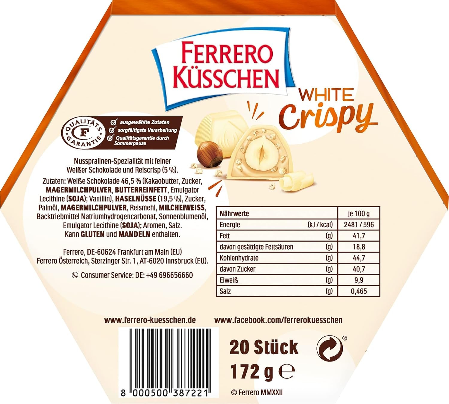 Ferrero Küsschen White Crispy - Cadeau de Saint-Valentin pour elle et lui - Noisettes grillées croustillantes à la crème légère avec éclats croustillants, enrobées de chocolat blanc, 1 paquet de 20 pralines individuelles