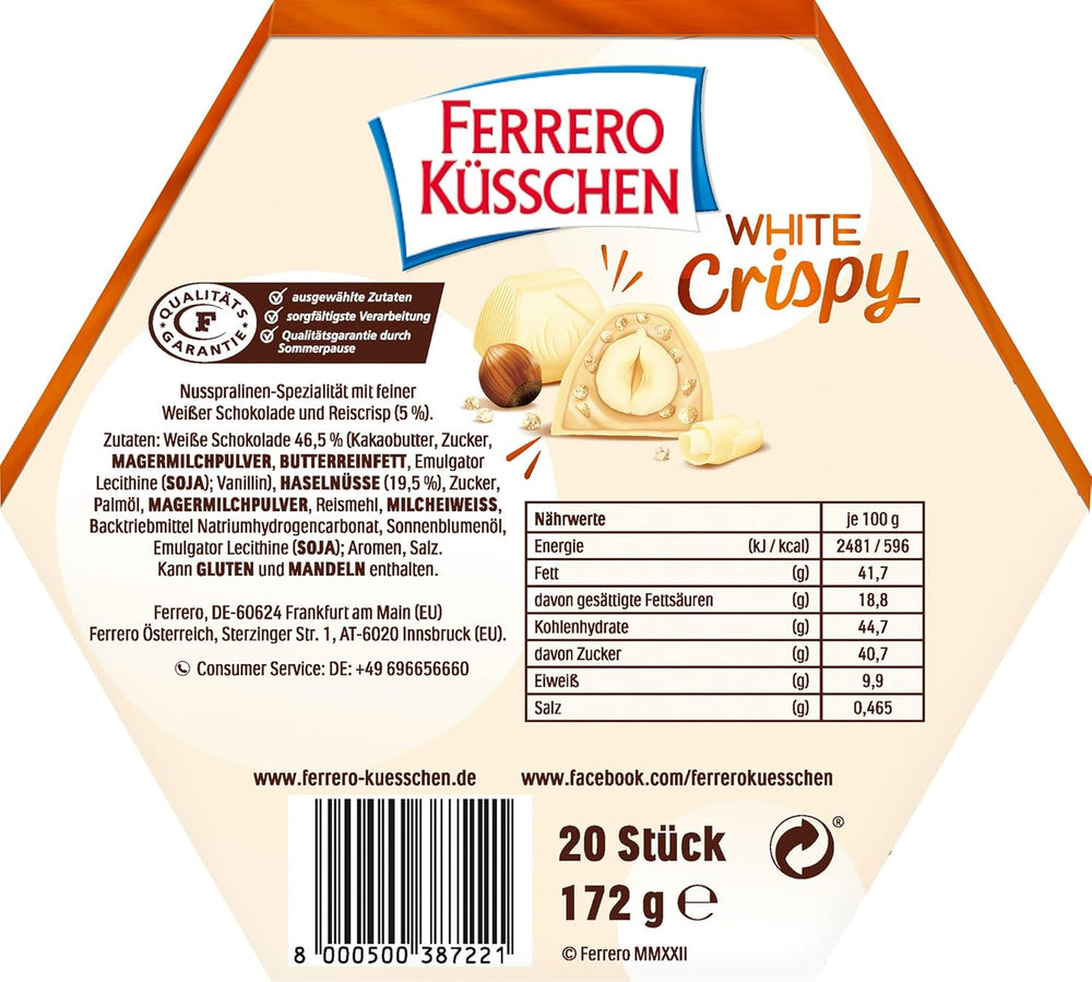 Ferrero Küsschen White Crispy - Cadeau de Saint-Valentin pour elle et lui - Noisettes grillées croustillantes à la crème légère avec éclats croustillants, enrobées de chocolat blanc, 1 paquet de 20 pralines individuelles