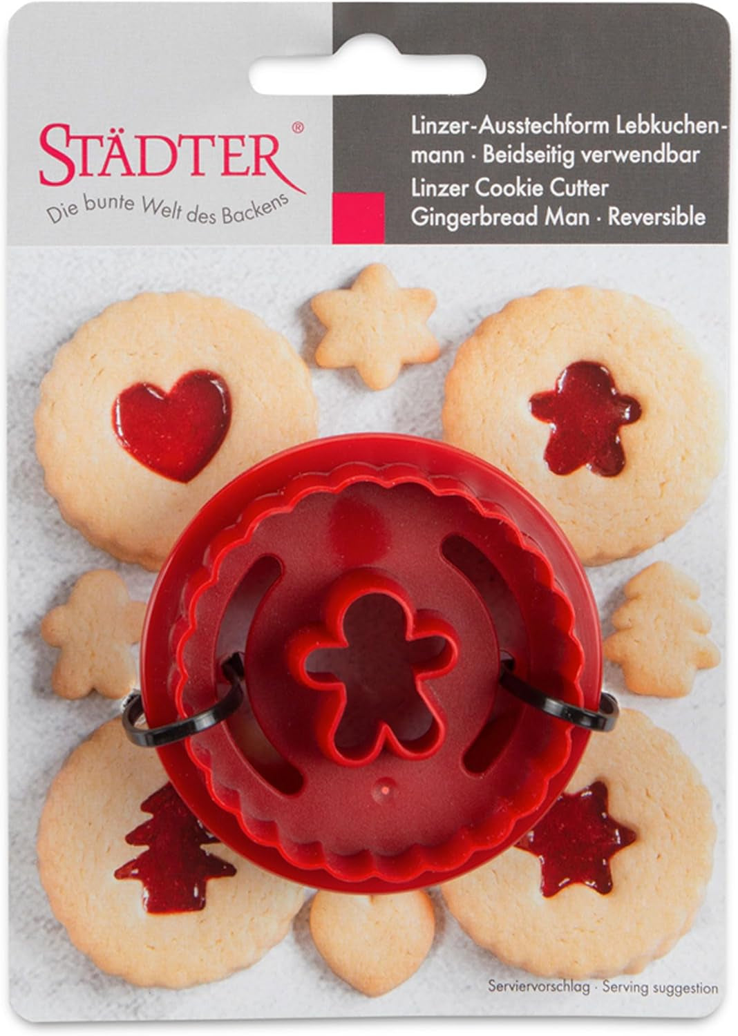 Städter Linzer Moule à biscuits bonhomme en pain d'épices, ondulé, double face, plastique ABS, rouge, diamètre: 5,5 cm, hauteur: 3 cm, 954145