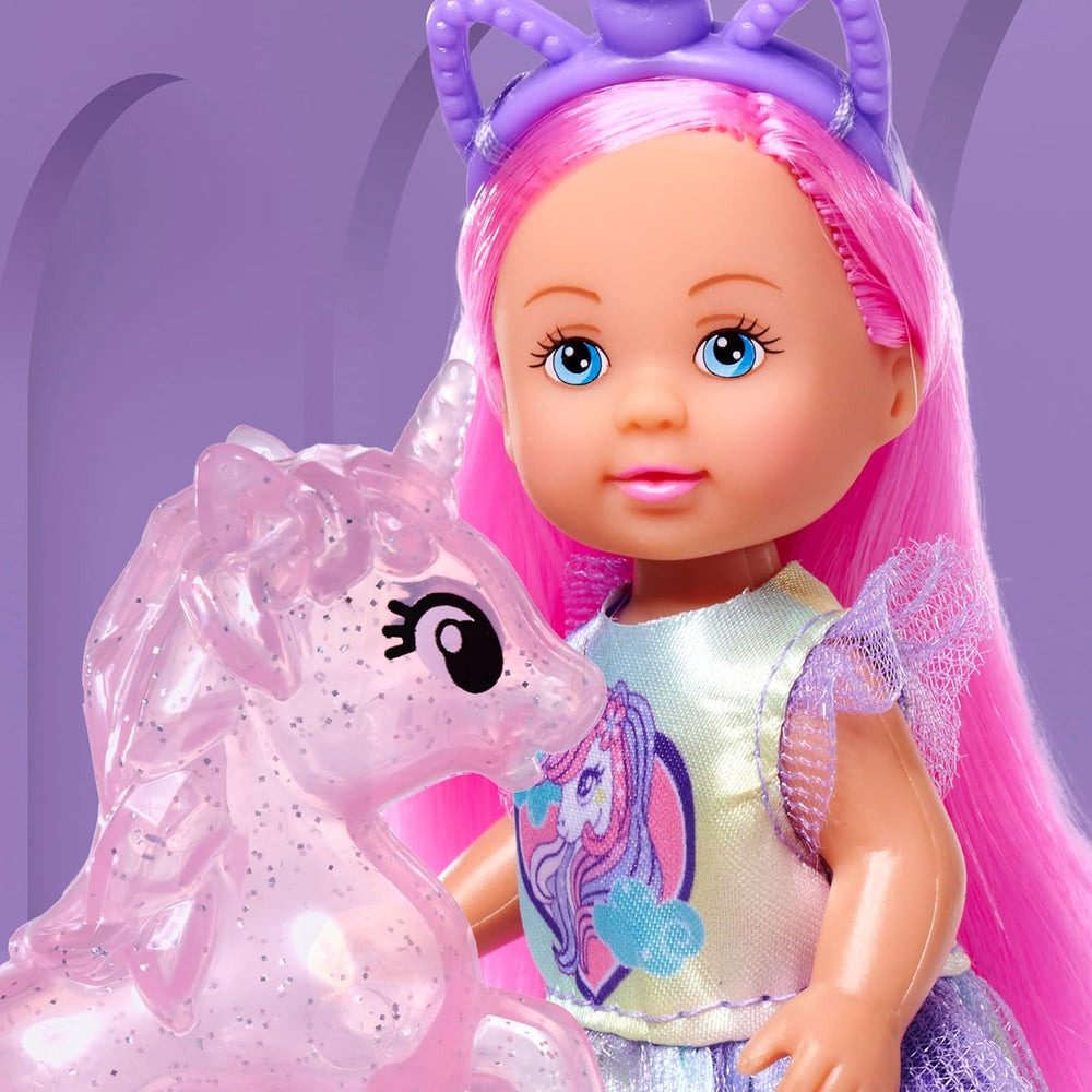 Simba Evi Love Unicorn, le jouet de jeu passe une seule fois avec une robe de corne avec un accessoire de cheveux, inkl. Einhorn mit Stall, Äpfeln et Trinkflasche, 12cm, environ 3 ans
