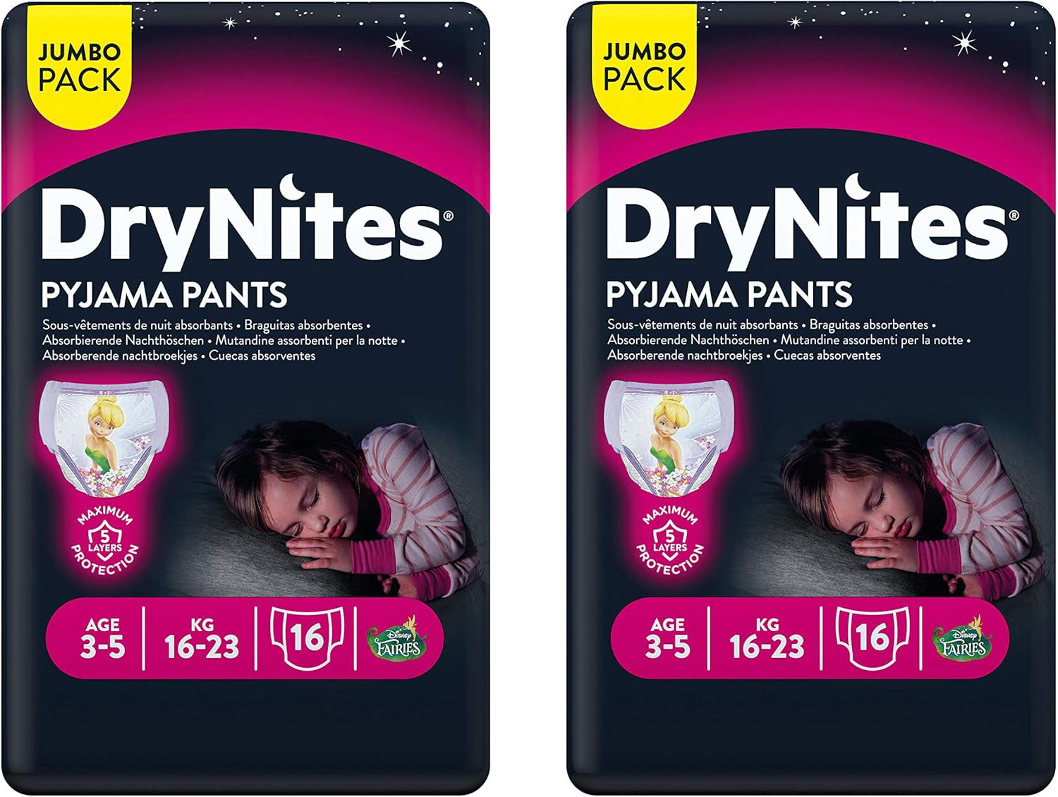 Huggies DryNites Vêtements de nuit pour filles, 3-5 ans (16-23 kg), 2 x 16 pièces