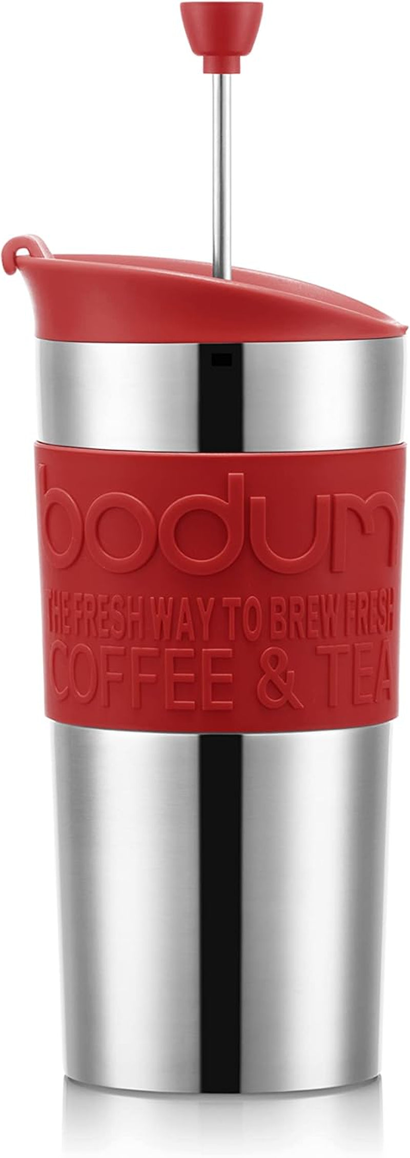 Mug thermique Bodum K11067-04 TRAVEL PRESS SET, double paroi, acier inoxydable, couvercle supplémentaire, 0,35 l, rouge