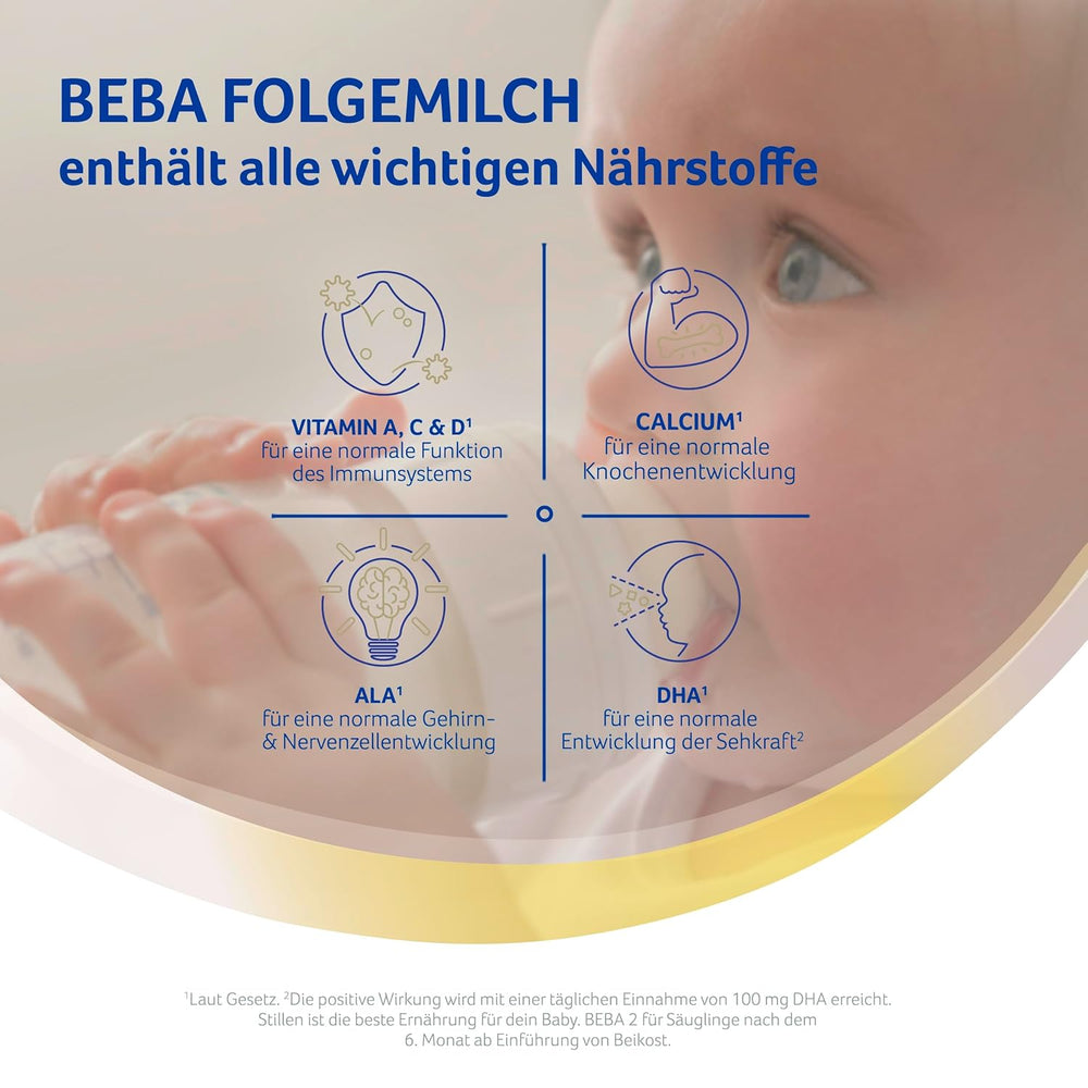 BEBA 2 - Lait de suite après 6 mois, avec complexe 5 HMO, teneur en protéines adaptée à l'âge, sans lactose, sans huile de palme, sans huile de poisson, nourriture pour bébé, lait en poudre pour bébé, lot de 3 (3 x 800 g)