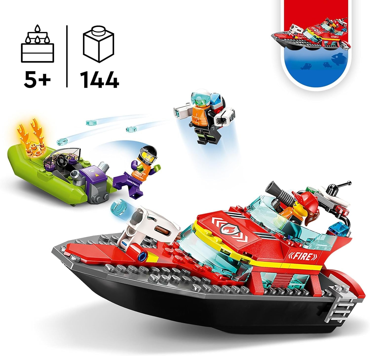 LEGO 60373 City Feuerwehrboot, jeu, l'eau dans l'eau, avec Rennboot, 3 figurines et Jetpack, Feuerwehr-Boot-Spielzeug conçu pour les jeunes et les filles à partir de 5 ans
