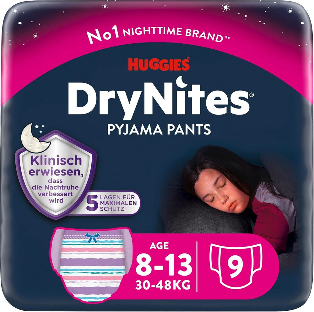 Couches de nuit Huggies Drynites, Pour filles 8-13 ans (30-48 kg), Très absorbantes, 9 pcs Mère et Enfant Naty Shop