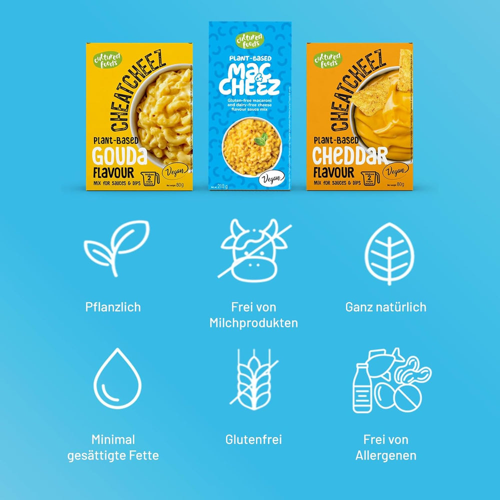 Cultured Foods Vegan 3-er Set Macaroni au fromage végétalien, sauce Gouda, sauce cheddar, Laktosefrei sans gluten MAC & CHEEZ CHEATCHEEZ
