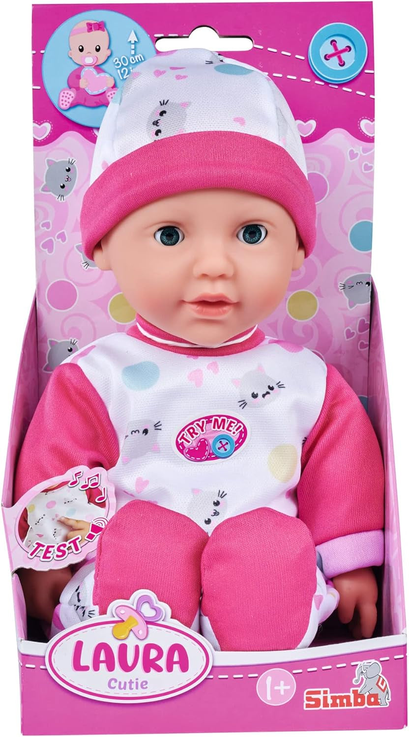 Simba 105140004 - Laura Cutie, poupée au corps doux et aux yeux endormis dans une jolie combinaison minou, 5 sons, 30 cm, à partir de 12 mois
