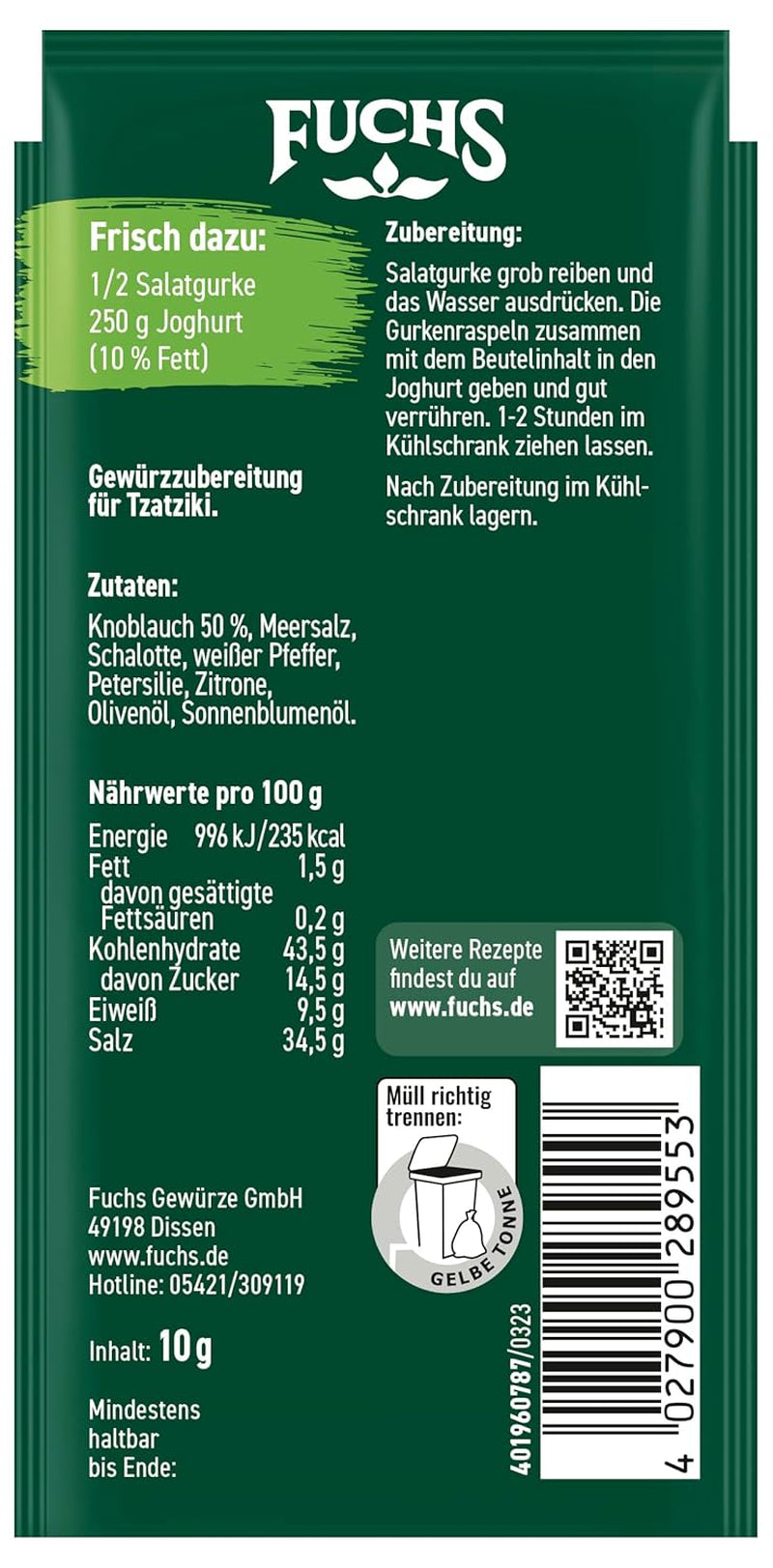 Fuchs Gewürze - Allons tremper ! Tzatziki Gewürzzubereitung, Gewürz für die Zubereitung von griechischem Tzatziki, 10 g dans le sachet