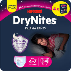 Huggies DryNites Couches de nuit super absorbantes pour filles de 4 à 7 ans, 4 x 16 couches culottes (64 pièces), paquet mensuel