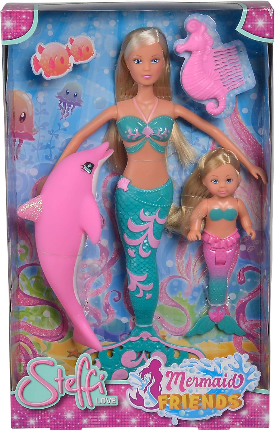 Simba 105733336 - Steffi Love Mermaid Friends, poupée sirène magique avec sœur Evi, figurine de dauphin et plus, jouet pour enfants à partir de 3 ans