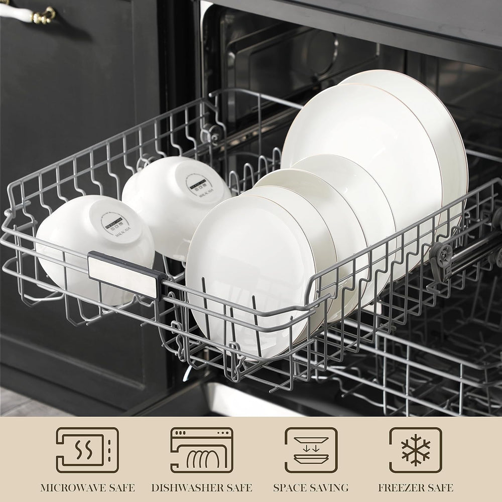 MALACASA Service de table pour 4 personnes en porcelaine tendre, service de table 16 pièces rond blanc avec bord doré, ensemble combiné de 4 assiettes plates, 4 assiettes à dessert, 4 assiettes Suma et 4 bols à céréales Série NORI