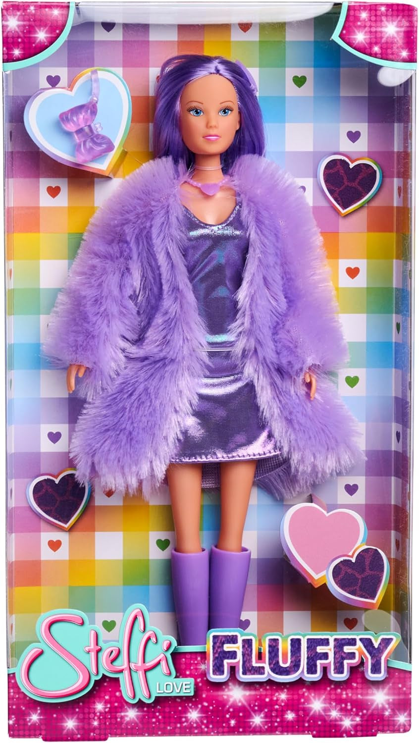 Simba Steffi Love Fluffy, poupée dans une robe de chambre avec veste de chasse et jouet de mode, poupée de jeu 29 cm, à partir de 3 ans