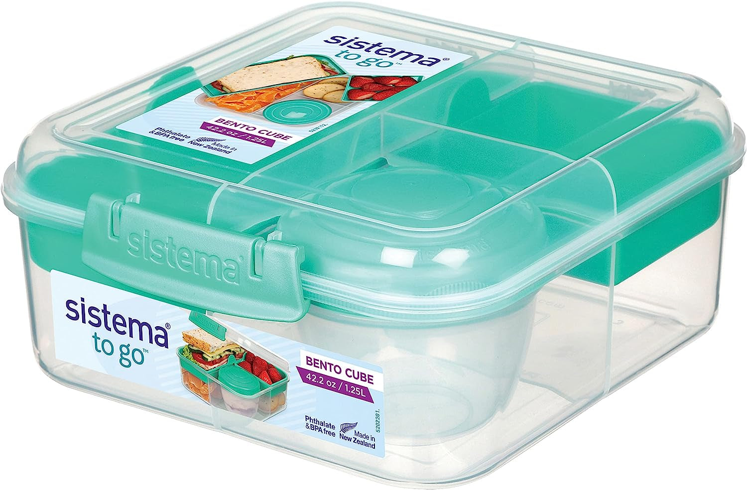 Sistema Bento Box TO GO lunch box cu compartimente | 1.25 L lunch box cu recipient pentru iaurt/fructe | pentru copii și adulți l | BPA-free | Minty Teal [21685-8T], verde mentă Cutii depozitare alimente Naty Shop Verde mentă 1,25 L