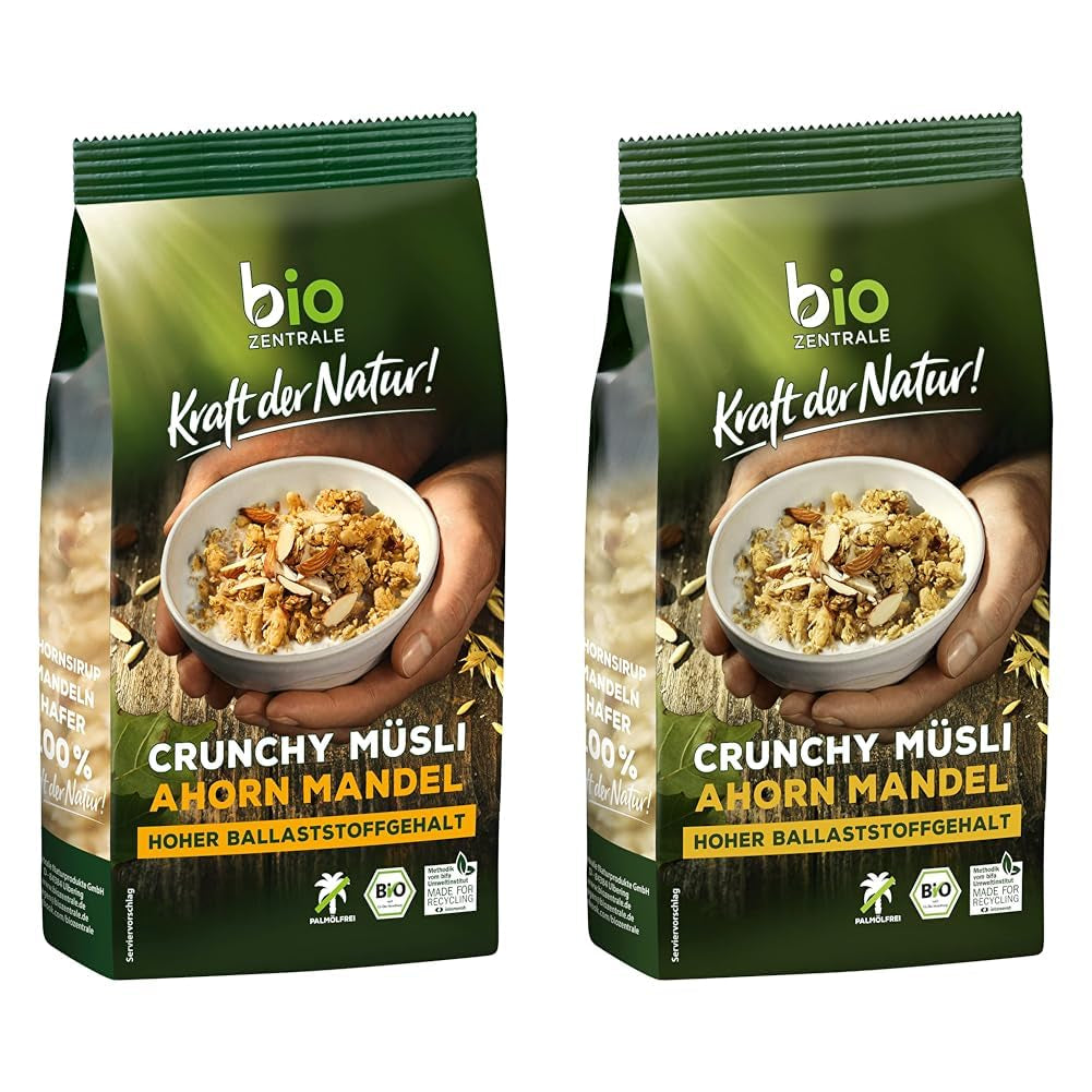 Muesli croustillant à l'érable et aux amandes | 375 g Muesli Croquant Bio | Idéal pour le petit-déjeuner et une tasse de muesli à emporter | Végétalien et sans huile de palme (paquet de 2)