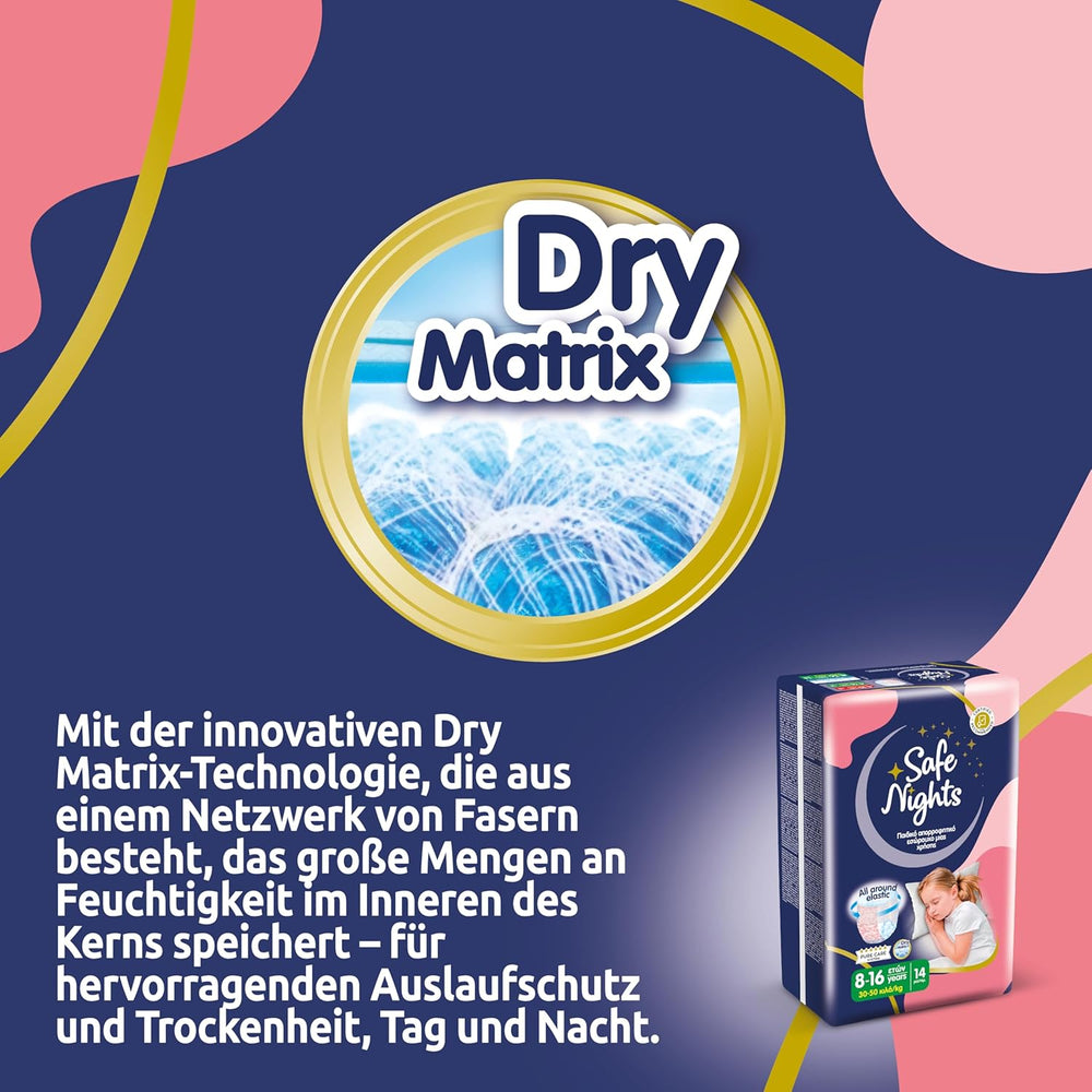 Safe Nights Girl, vêtements de nuit absorbants pour filles de 8 à 16 ans (30 à 50 kg), lot de 14