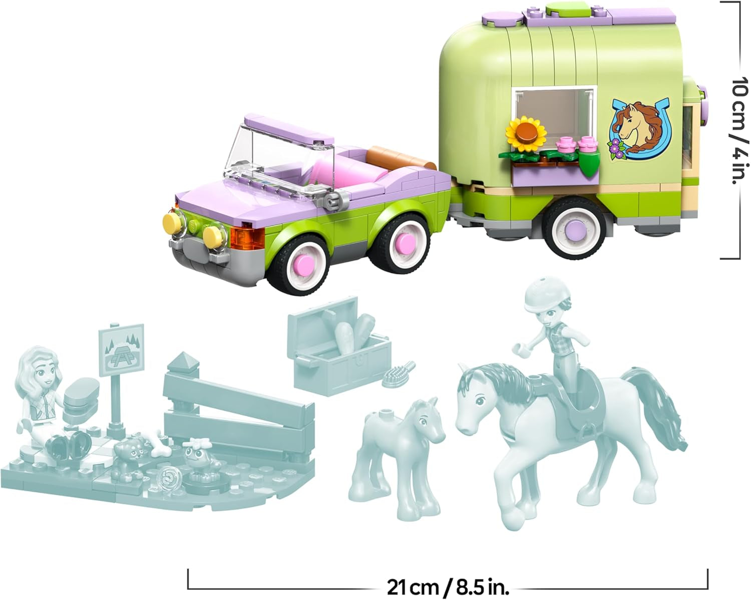 LEGO Friends Pferd and Fohlen mit Pferdeanhänger - Pferde Spielset mit Pflegezubehör, 4 Tierfiguren, Auto & 2 Mini Puppen - Geschenkeidee zum Geburtstag für Mädchen ab 7 Jahren - 42695