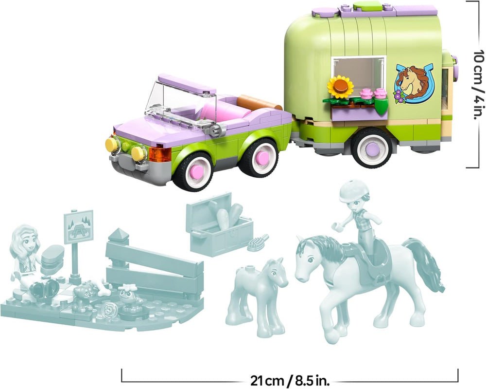 LEGO Friends Pferd and Fohlen mit Pferdeanhänger - Pferde Spielset mit Pflegezubehör, 4 Tierfiguren, Auto & 2 Mini Puppen - Geschenkeidee zum Geburtstag für Mädchen ab 7 Jahren - 42695