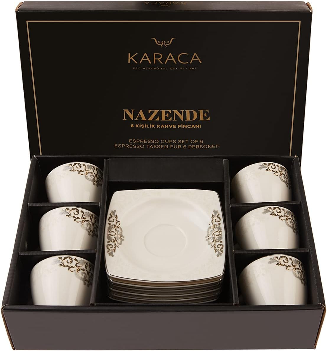 KARACA Nazende Ensemble de tasses à expresso en porcelaine – Tasses à café turques de 80 ml avec soucoupes, service à café moderne 12 pièces avec 6 tasses à café et 6 soucoupes, tasses à moka – Blanc