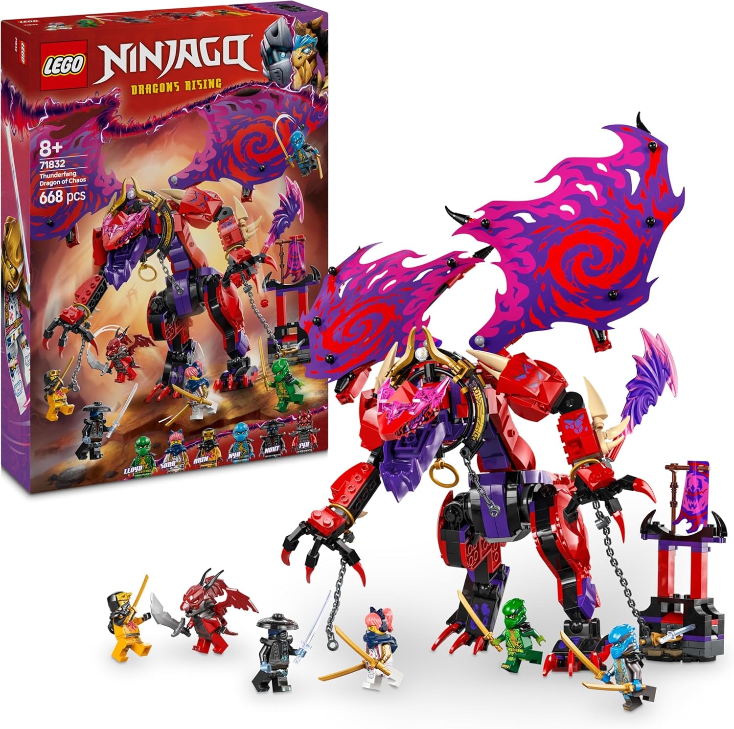 LEGO NINJAGO Chaosdrache Donnerzahn - Jeu avec 6 figurines Ninja - Jeu de rôle pour les jeunes et les filles à partir de 8 ans - Jeu pour la série TV Aufstieg der Drachen 71832