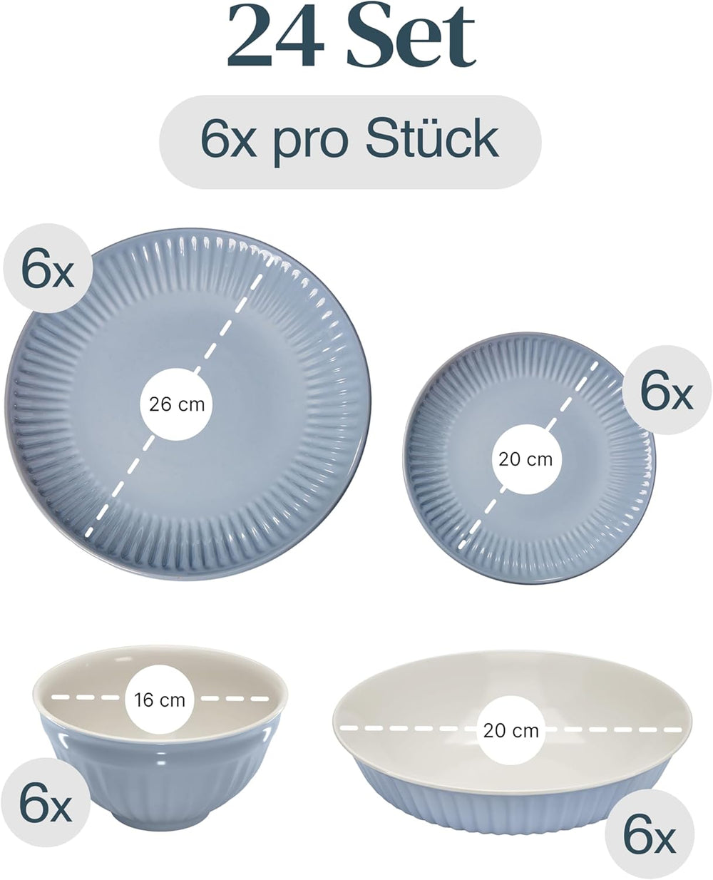 Service de table en céramique pour 6 personnes, Hygge, 24 pièces. GAGNANT DU TEST Service de table en grès scandinave de rêve, bol et assiettes, service de table pour 6 services de vaisselle Pure Living en gris bleu