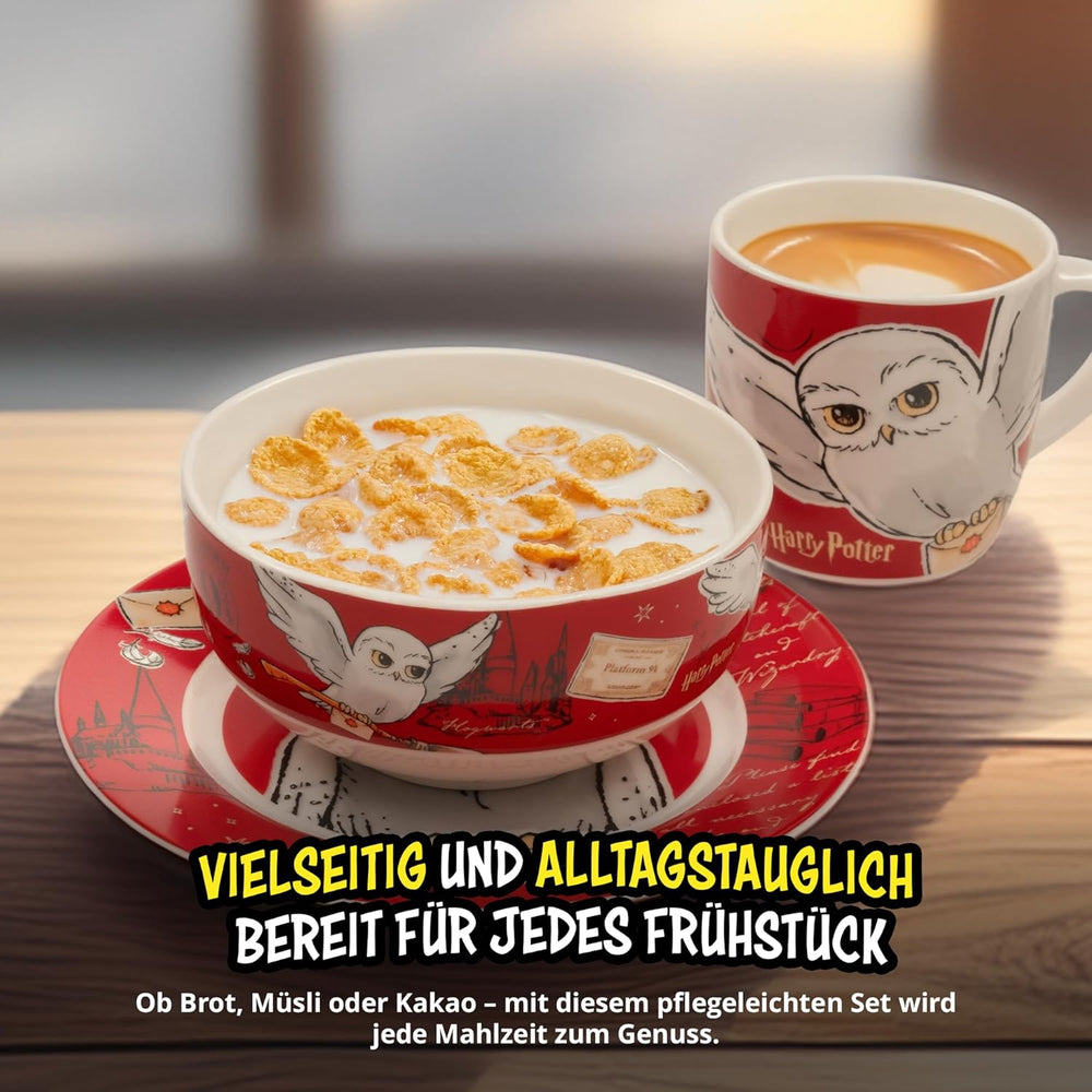 Service de table Harry Potter 3 pièces, rouge, service de petit-déjeuner en porcelaine avec assiette Ø 19 cm, tasse 220 ml et bol 330 ml, service de table