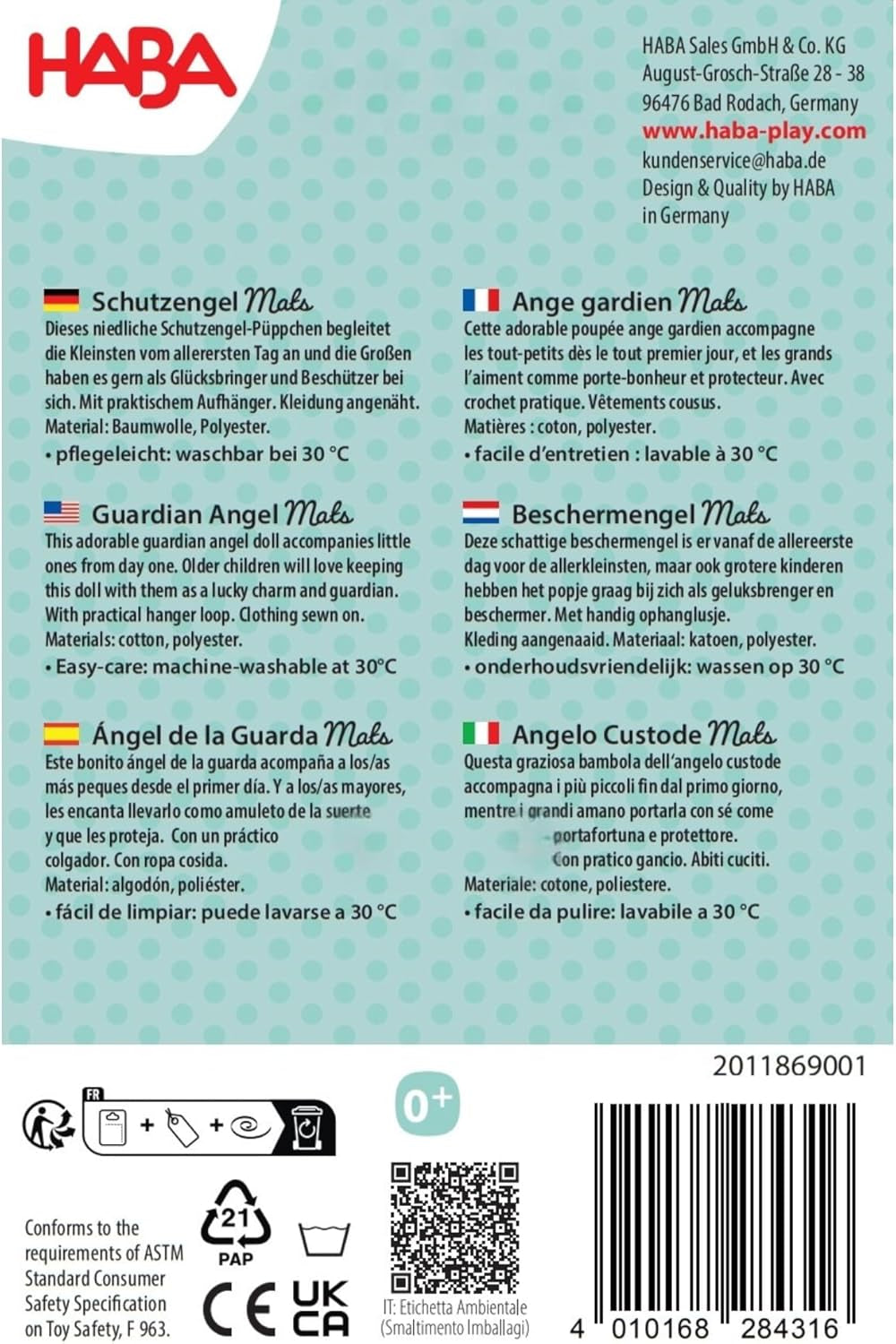 HABA Tapis Ange Gardien - Jolie poupée textile (15 cm), cadeau de bienvenue idéal pour les bébés et les jeunes enfants - Lavable à 30 °C - 2011869001