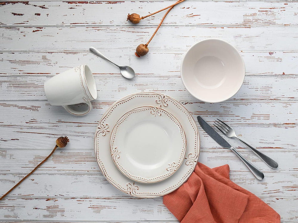 CreaTable, 23601, Série Romantic Vintage, Service de table 16 pièces pour 4 personnes, Service combiné en porcelaine, Passe au lave-vaisselle et au micro-ondes, Fabrication de qualité