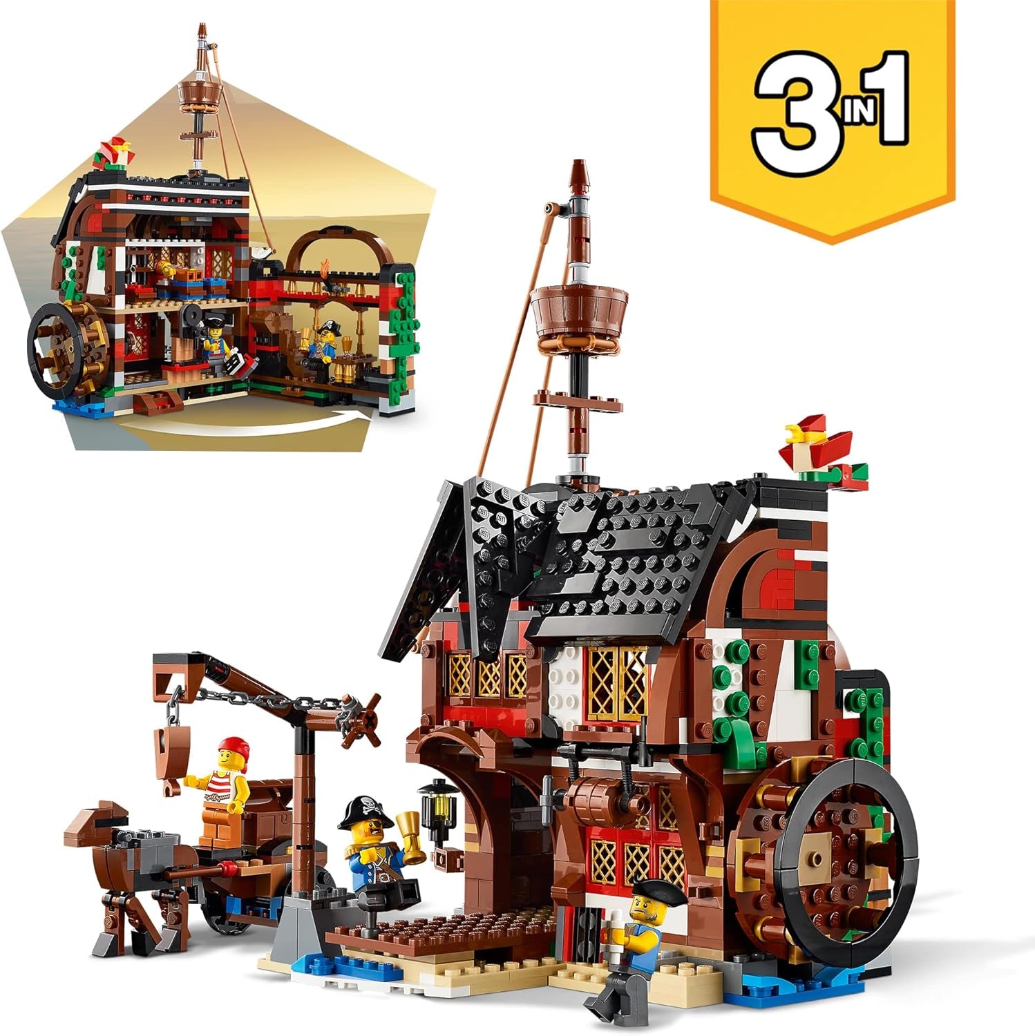 LEGO Creator Ensemble bateau pirate 3 en 1, jouet avec 3 options de construction, construisez une taverne de pirates ou une île de pirates en forme de crâne, comprend 3 figurines d'aventure de jeu de rôle 31109 Ensembles de construction Besuche den LEGO-Store