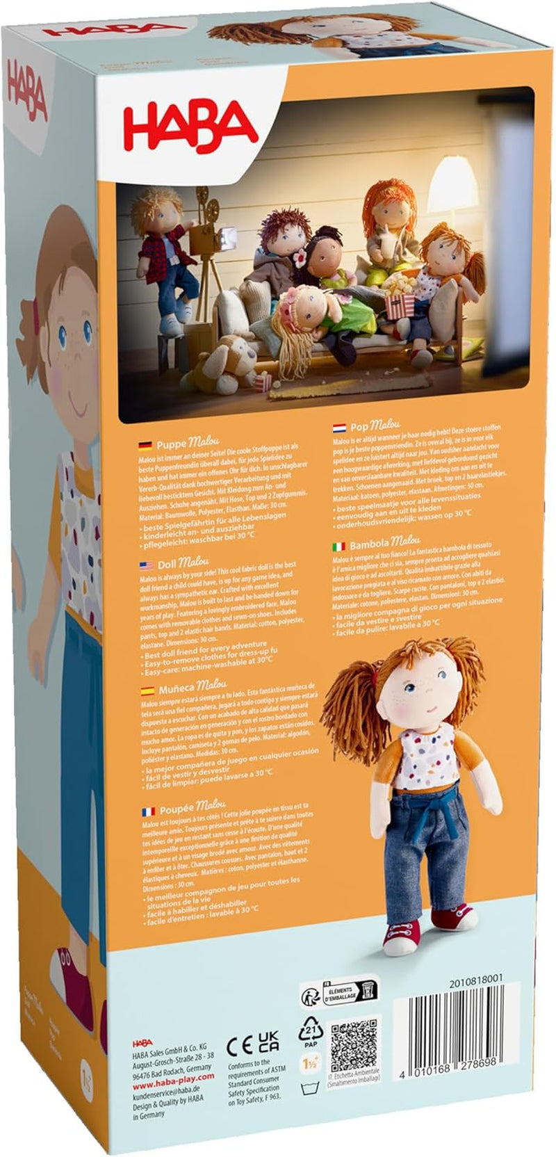 HABA Puppe Malou - 30 cm große Stoffpuppe zum Spielen und Kuscheln - Weiche und waschbare Materialien - Ideale Alternative zur Plüschpuppe - Geeignet für Kinder ab 1,5 Jahren - 2010818001