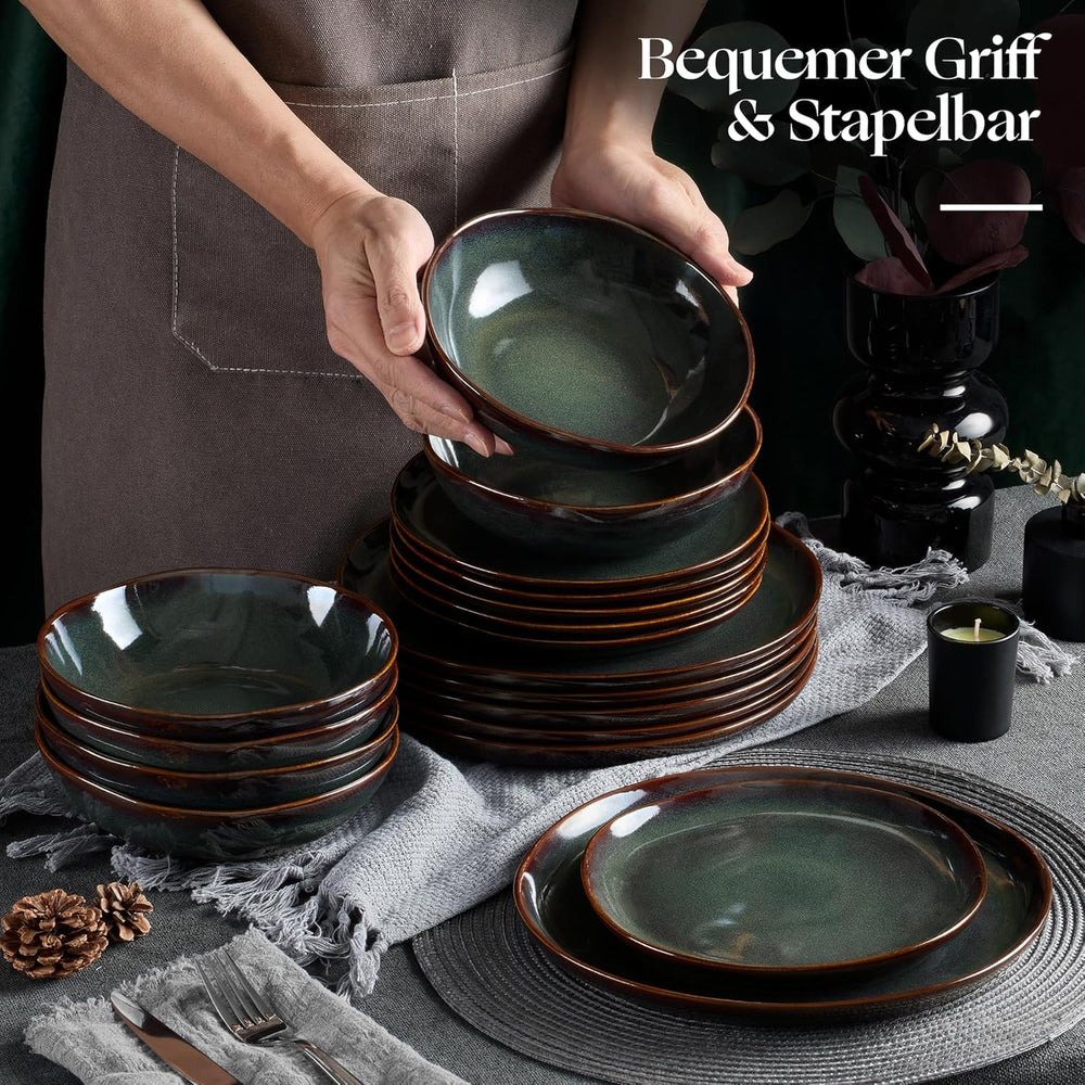 Service de table pour 6 personnes, 18 pièces, bols à céréales ronds irréguliers, assiettes à dessert, assiettes plates, résistant aux rayures, passe au micro-ondes, vert mousse réactif