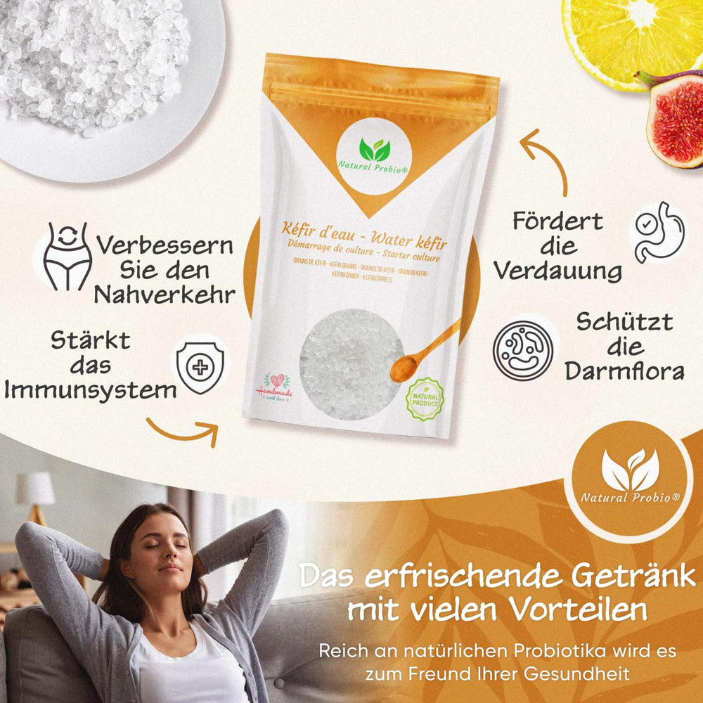 Natural Probio® Wasserkefir, Kefirpilz, Japankristalle, Kefirknollen, Starter Set + Anleitung, Rezept, Tipps, E-Book & Rezeptbibliothek + Kundenservice auf Lebenszeit (10g déshydraté/60g réhydraté)