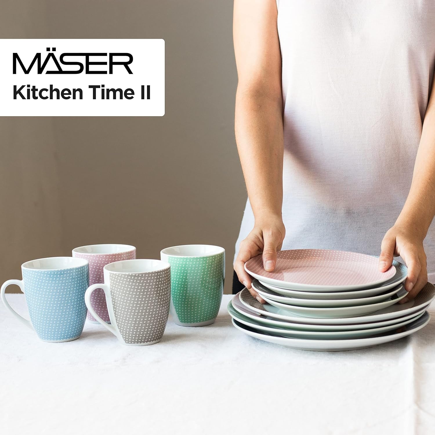 MÄSER Kitchen Time II, Service de table pour 4 personnes, Service combiné de 16 pièces aux couleurs pastel avec motif subtil, Porcelaine, Rose