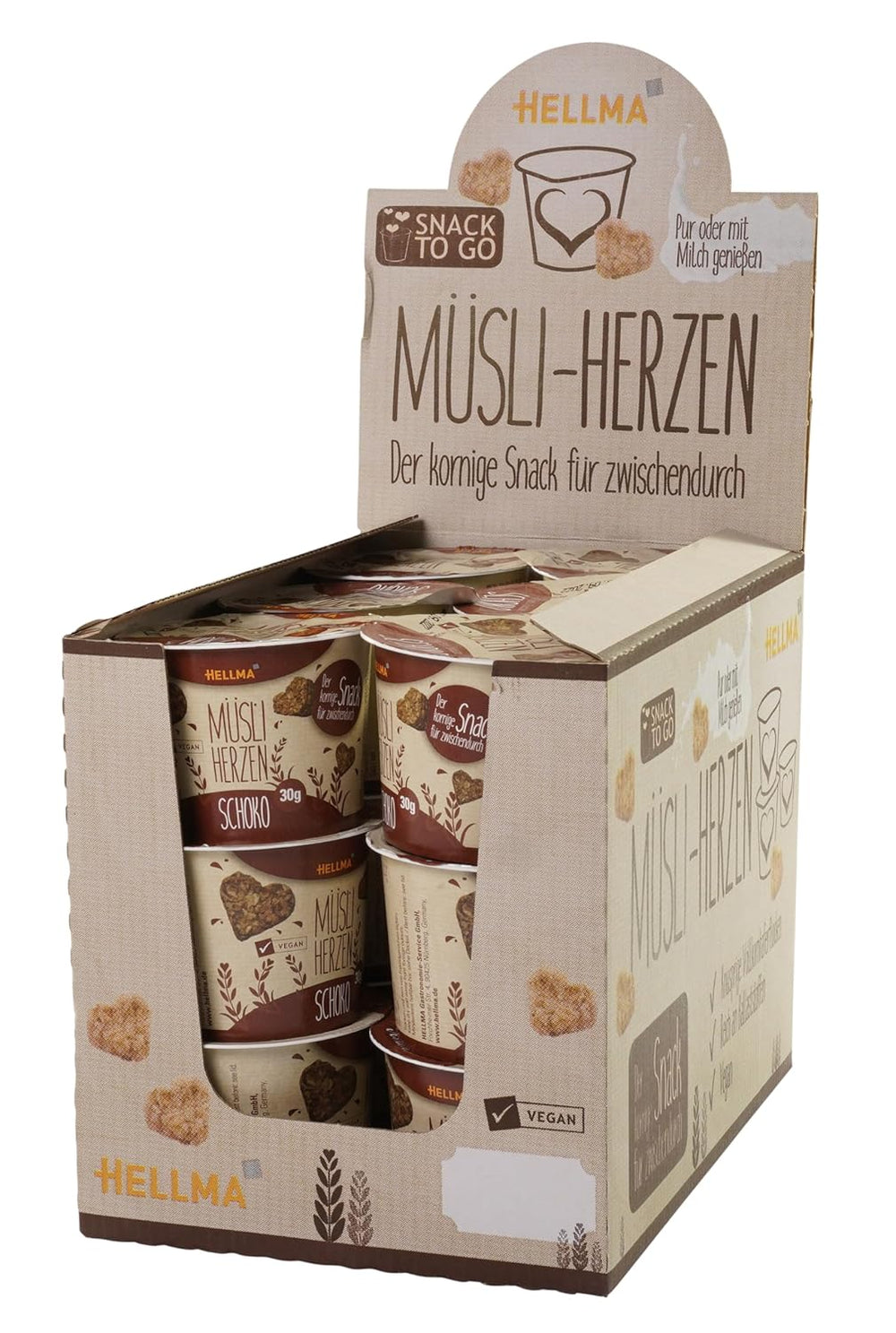 HELLMA Coeurs au Muesli et Chocolat - 18 portions de 30 g chacune - Gruau enrobé de chocolat en forme de coeur, verres à emporter