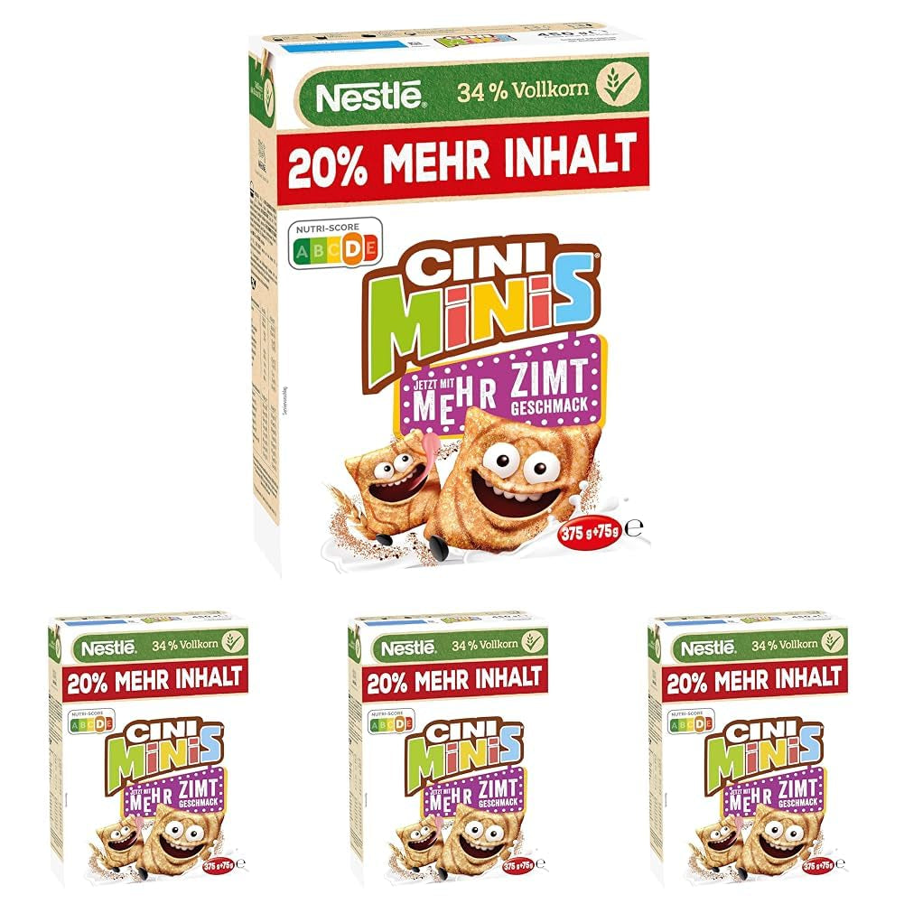 Nestlé CINI MINIS, Muesli à la cannelle, 37% de grains entiers vitaux, avec vitamines, calcium et fer, flocons croquants, paquet de 7 (7x375g)